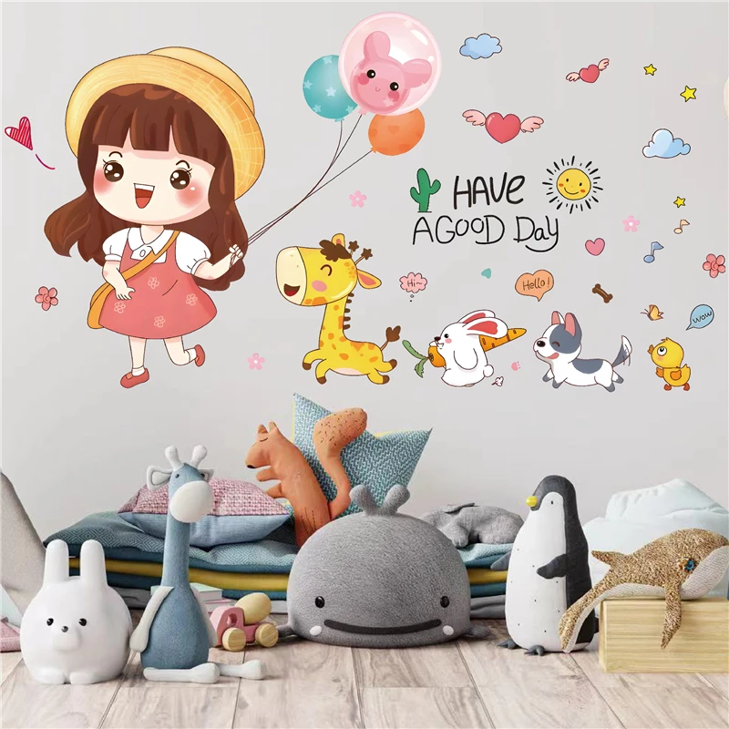 

Мультяшная девушка с милой собакой кроликом жирафом наклейки на стену для детской спальни украшение животные роспись искусство Diy домашние наклейки ПВХ постер