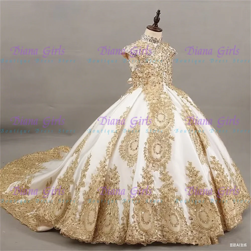 Luxury Customised Color Flower Girl Dresses For Wedding Gold Printing Pageant Gown Sleeveless lace Appliques Communion Gowns 5