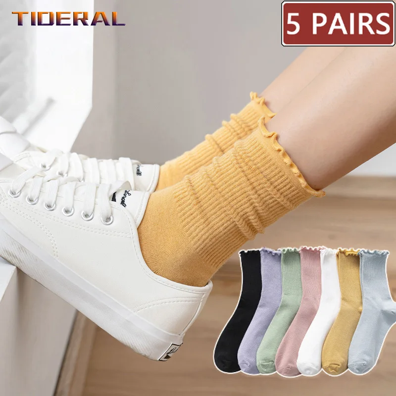 

5 Pairs Women Happy Ruffle Frilly Socks Black White Cute Autumn Winter Trendy Socks Solid color Soft Cotton Girl Socks 2020 New
