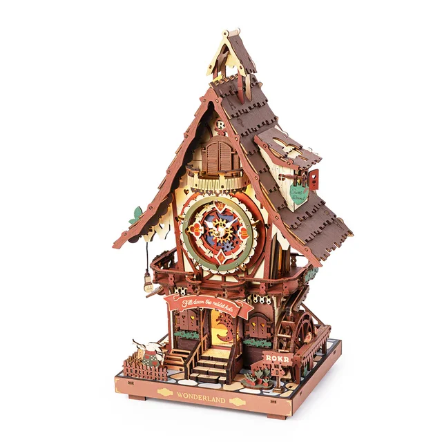 Robotime Rokr 3D Wooden Puzzle Cuckoo Clock Kit Black Forest Style with Working Bird DIY Clock Model Kit for Kids Adults Model