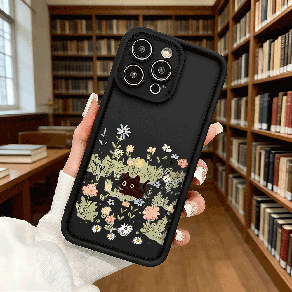 Charming Black Cat Floral Soft TPU Shockproof Case - Anti-Fall Protective Back Cover