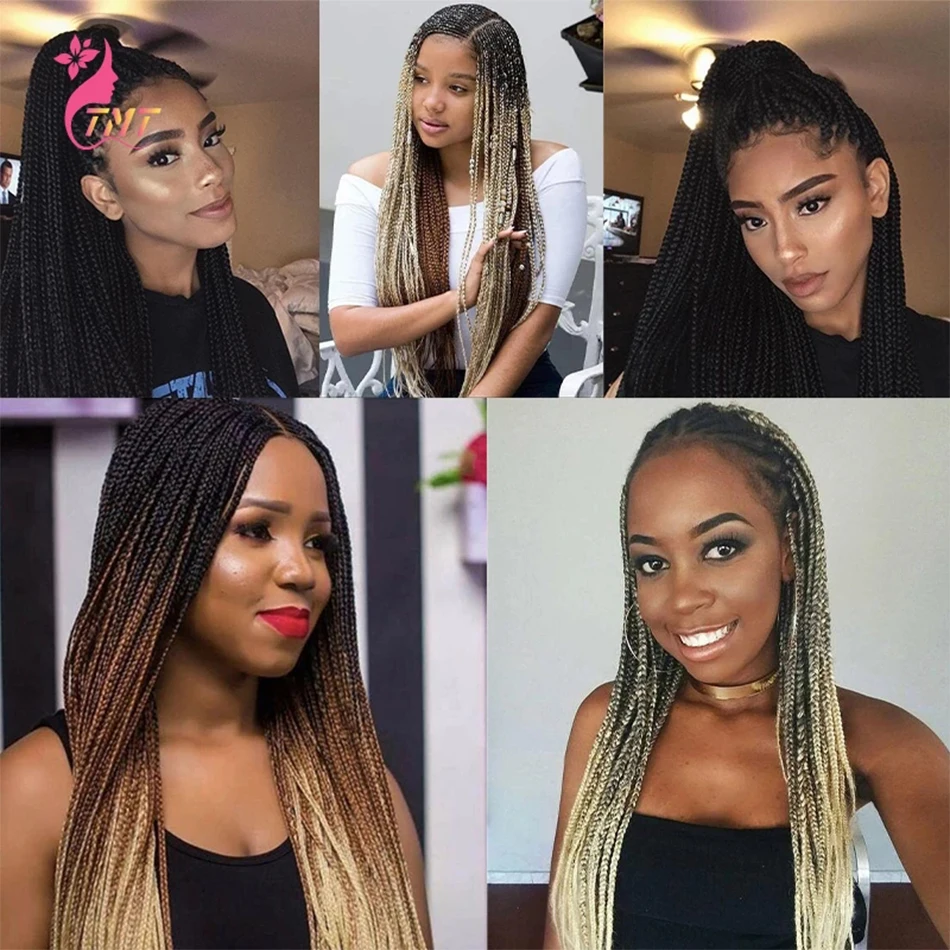 Long Straight Braided Wigs Synthetic Box Braid Wig For Black Women 26'' Machine Made Black Blonde Brown Crochect Braiding Wig