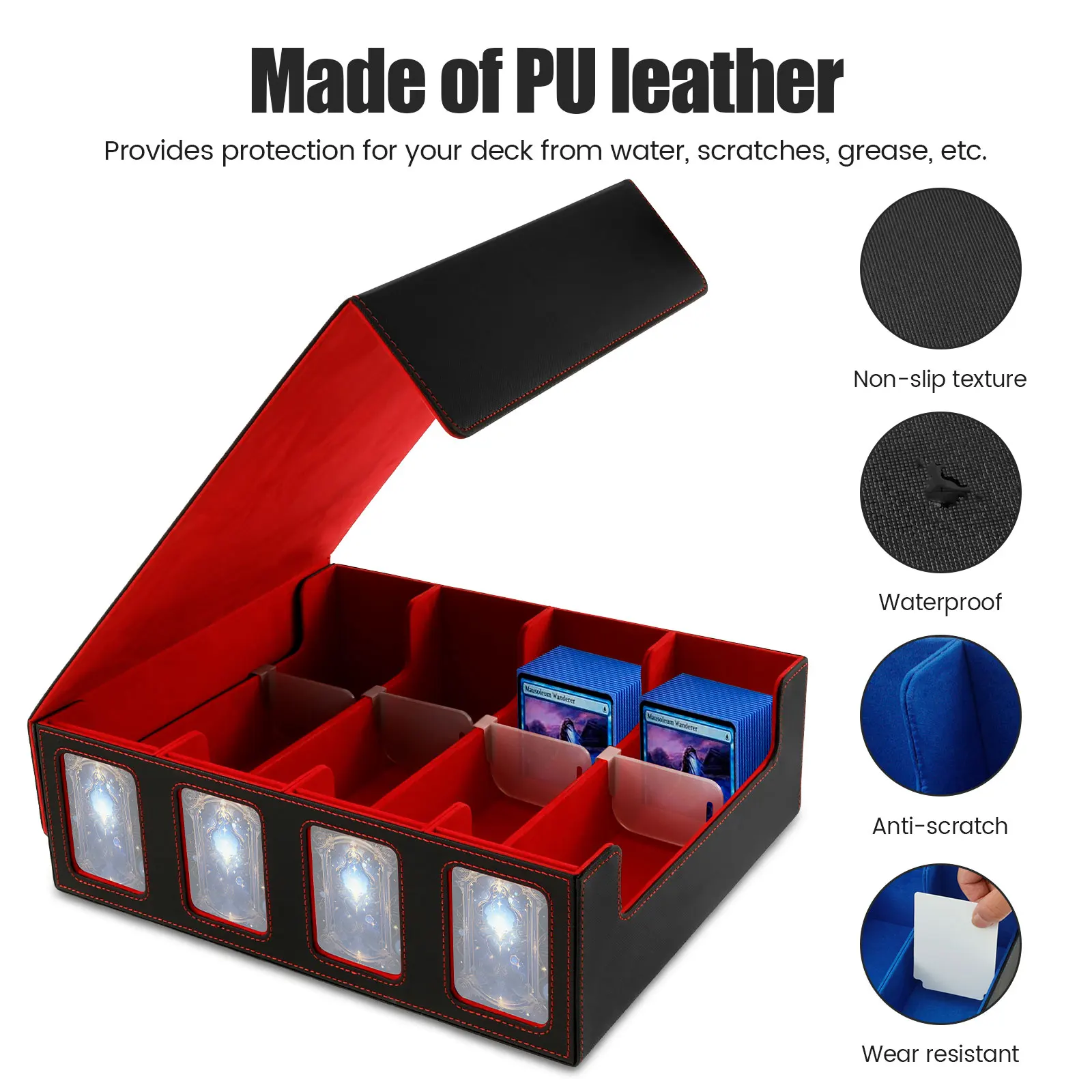PU Leather Trading Card Storage Box 4 Rows Magnetic Closure Game Cards Box With Viewing Windows Card and Note Storage Supplies