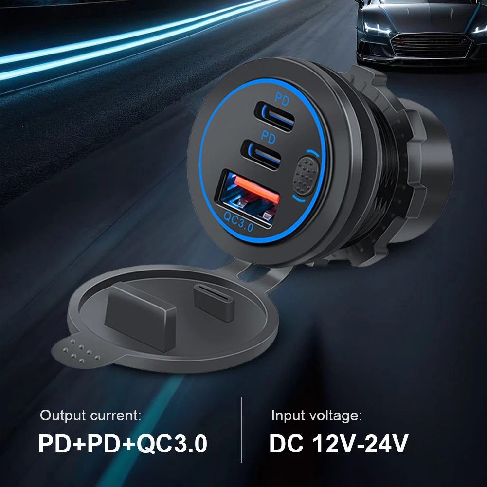 Caricatore per Auto 12V-24V con Presa 75W PD Tipo C QC 3.0, 3 Porte USB, Impermeabile, per Auto, Camper, Nautica - Image 2