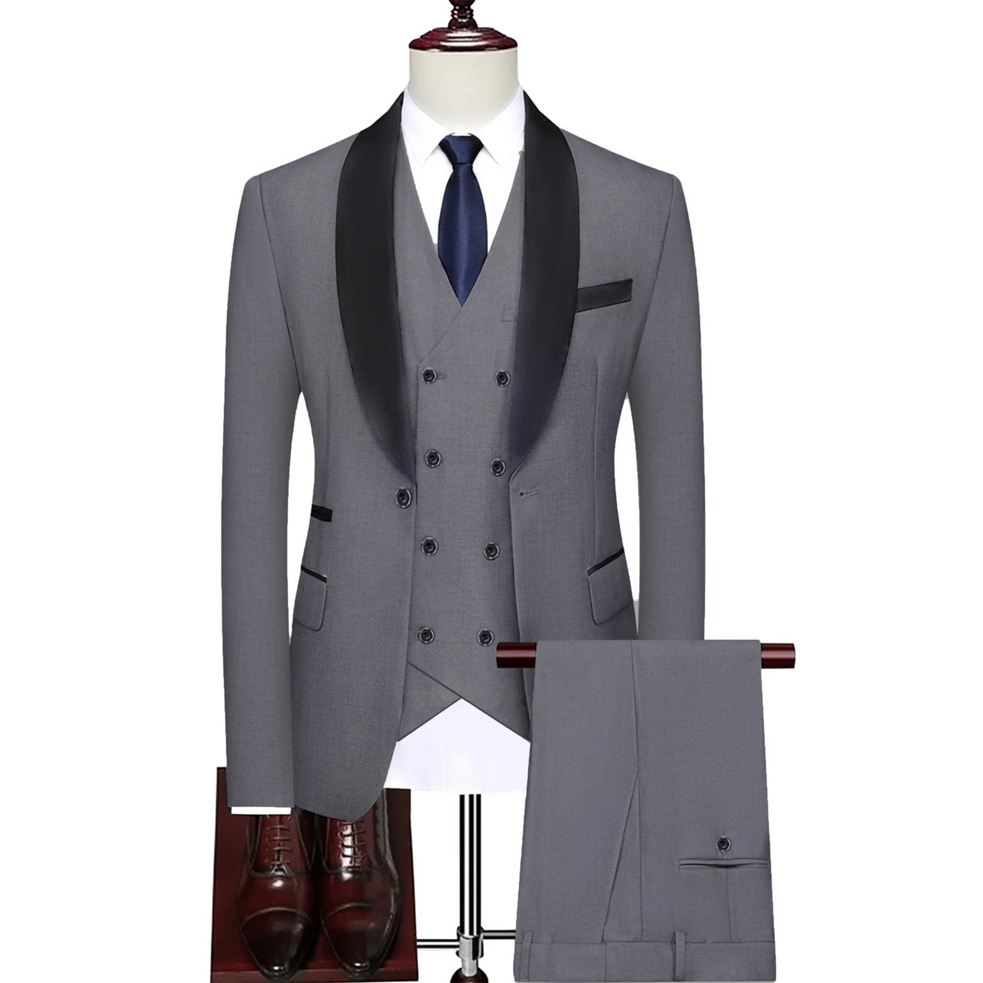 2023 Fashion New Men Casual Boutique Business Dress Double Breasted Waistcoat Suit 3 Piece Set Blazers Jacket Coat Pants  Vest