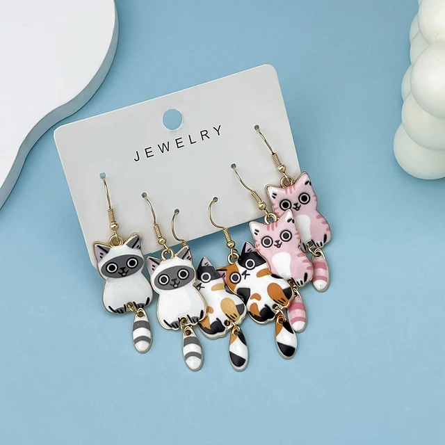 3 Pairs New Fun and Cute Enamel Alloy Hanging Tail Cat Dangle Earrings Colored Cat Ear Jewelry Set Lovely Gift For Women Girls 3