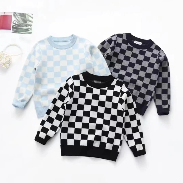 Baby Boy Girl Knit Checkerboard Plaid Sweater Romper Pullover Soft