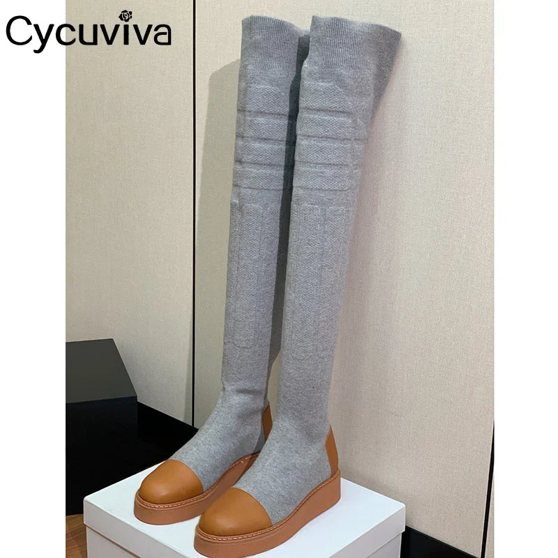 

Designer Knitted Long Sock Boots Women Platform Over The Knee High Boots Autumn Dress Flat Thin High Stretch Boots Women
