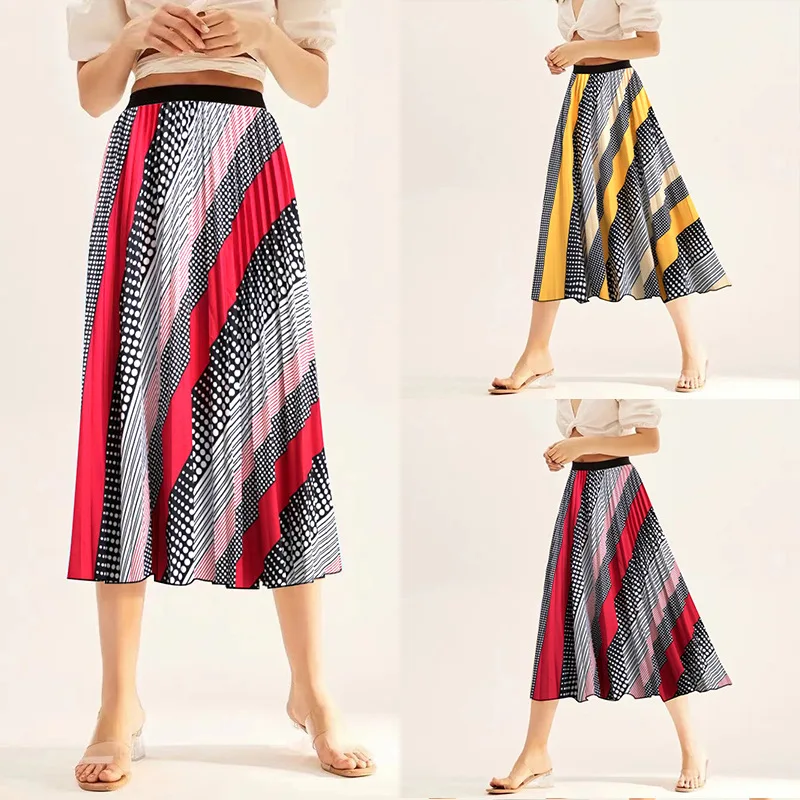 Nighpha Dot Print Pleated Skirt for Women Causal Elastic High
