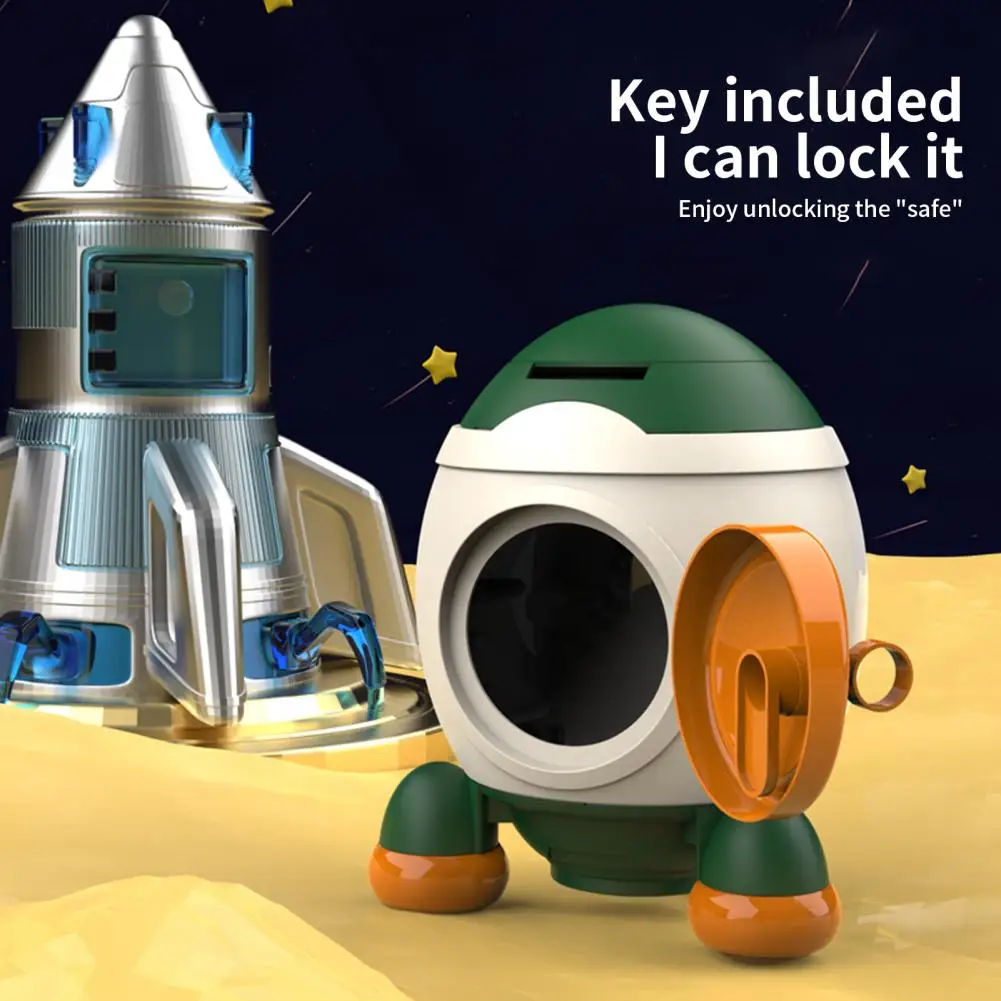 1 Set Money Bank Large Capacity Cartoon Sticker Money Saving Key Unlock Kids Piggy Bank Rocket Shape Money Holder Home Supplies 4