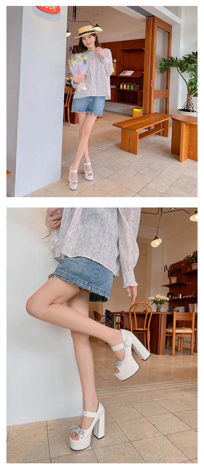 Summer 2023 New Water Platform Super High Heel Peep Toe Sandals Round Toe Lacquer Leather Diamond Bowknot Pumps