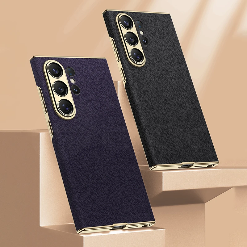 Luxury Leather Plating Curved Edge Hard Phone Case