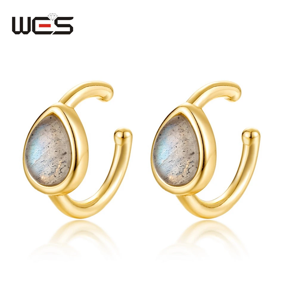 WES 925 Sterling Silver Ear Clip Jewelry Woman Inlaid Natural Waterdrop 4*5mm Labradorite Earrings Engagement Gift