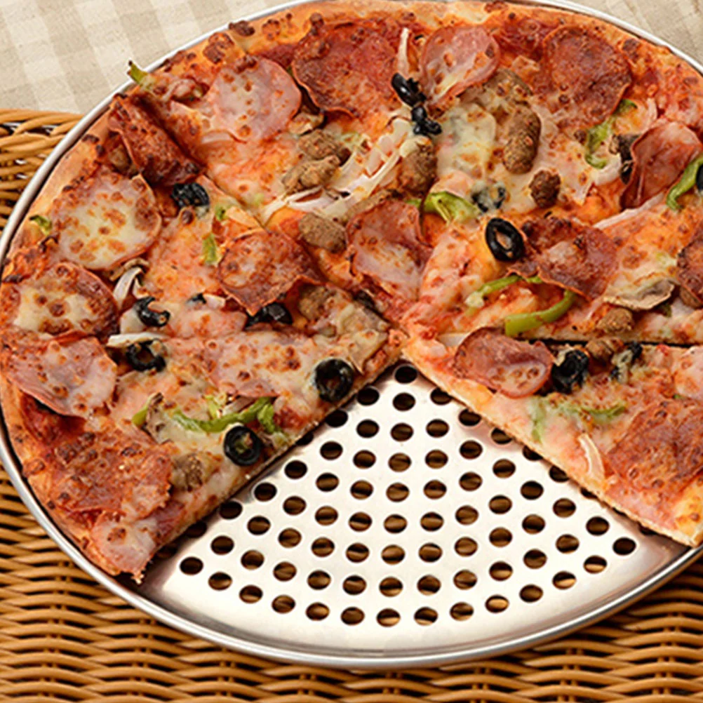 Round Perforated Pizza Pan Large Holes Crisper Baking Tray Steel Nonstick Plate Bakeware Household Round Pizza Plate Replaceable