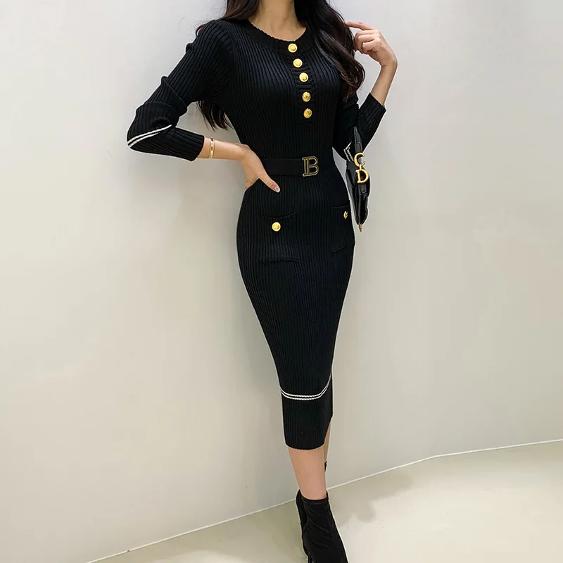 

French Knitting Sweater Dress Vintage Autumn and Winter New Long Dress Woman Pockets O-neck Lace-up Pencil Solid Black Dress