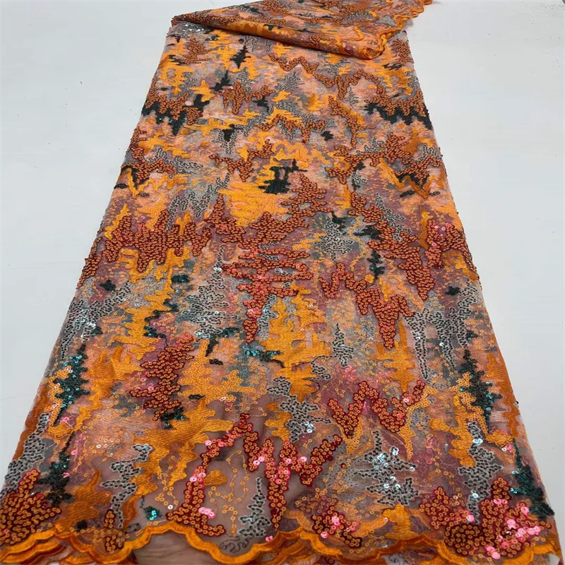 

2022Latest Orange African Sequin Lace Fabric Embroidery French Mesh Lace Fabric With Sequins Nigerian Tulle Lace For Party