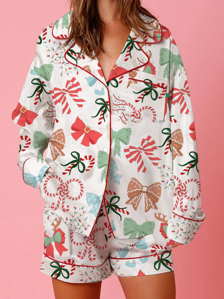 Women Christmas Y2k Pajamas Bow Tie Long Sleeve Shirt and Ruffle Shorts Cute 2 Piece Xmas Print Sleepwear