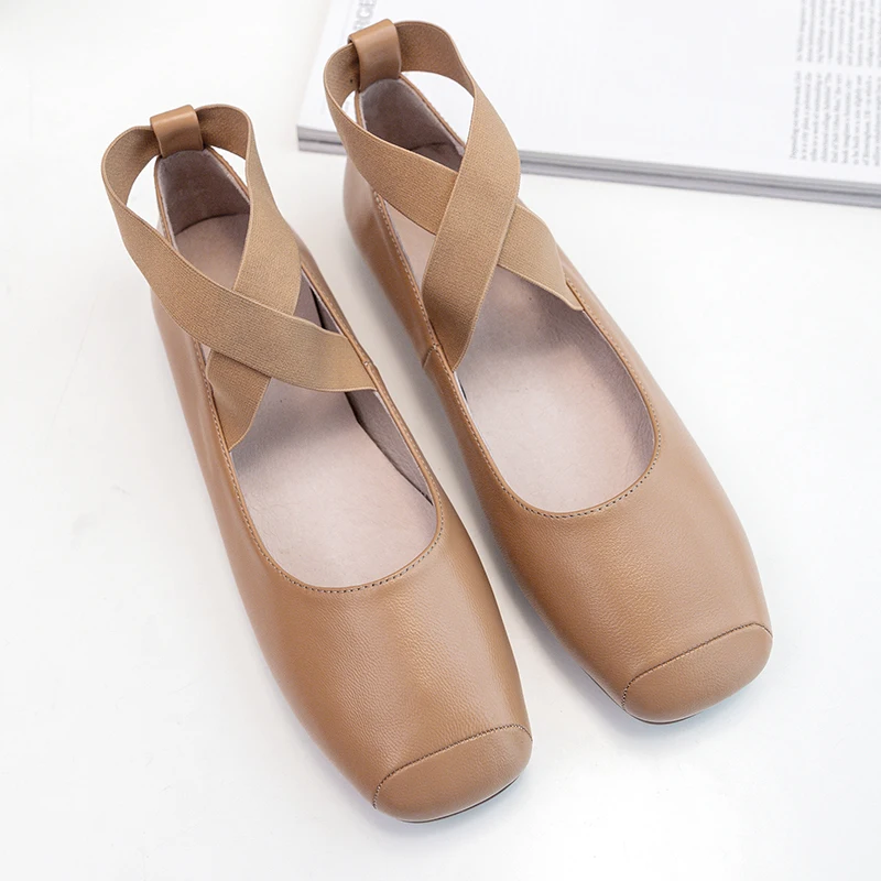 

Ballet Flats women Slip On Simple Style woman Loafer Shoes Leather Inside Basic Style Vingtage Square Toe Flat Shoes Cross-Tied