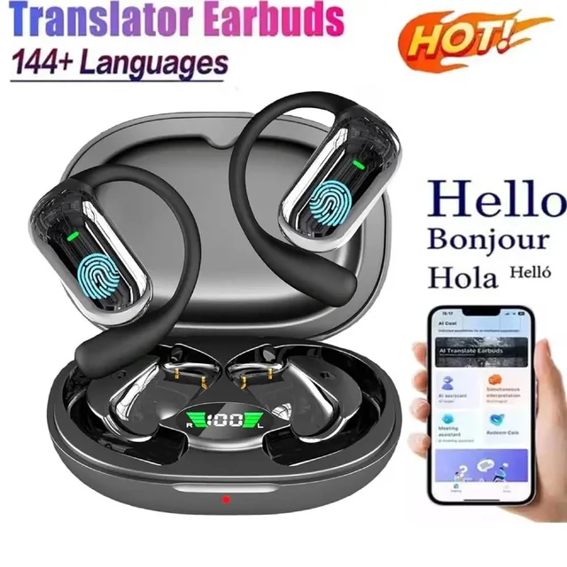 BT 5.3 AI Translation Earbuds with Ear Hook Translator Headphones Open Ear Headphones for Running Fitness Learning Accessories