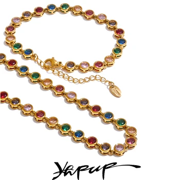 Yhpup Exquisite Colorful Cubic Zirconia Luxury Cast Chain Necklace Bracelet for Women Stainless Steel Waterproof Jewelry Gift 1