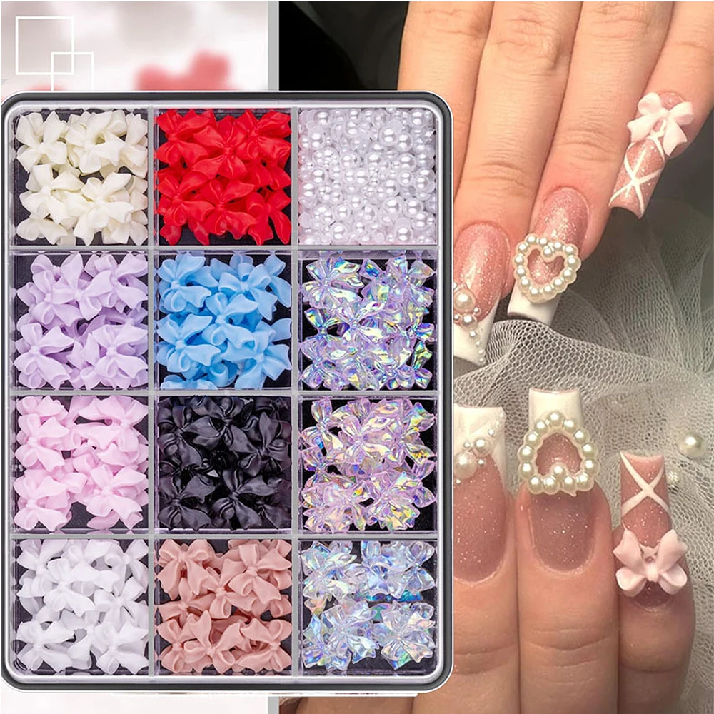 12Grid/Box Mixed Resin Bowknot Nail Charms 3D Colorful Bow Kawaii Rhinestone Nail Art Decorations DIY Manicure Parts Pen Tweezer