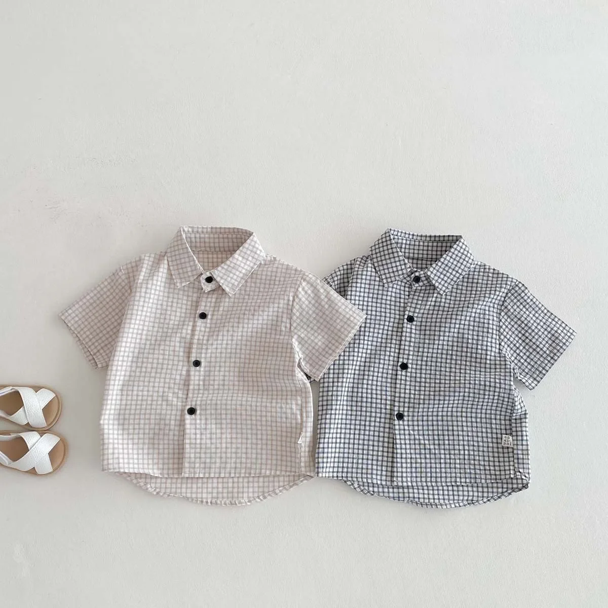 Summer Plaid Short Sleeve Shirt Thin Casual Children's Outfit Trendy Clothes for Boys Checkered Print Lightweight Kids' Top