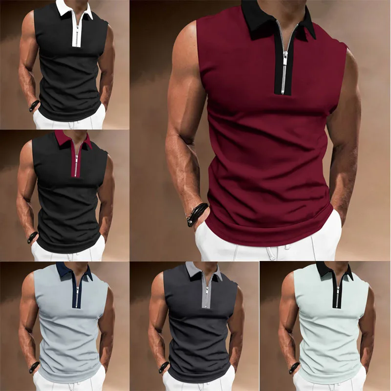 

European and American new men's wear 2023 summer slim lapels sleeveless T-shirt color-blocking casual polo shirt