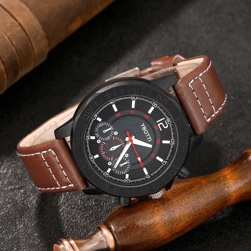 Luxury Men Watches Leather Strap Three Eyes Digital Dial Business Casual Quartz Watch Fashion Sports Man Clock Relogio Masculino 5