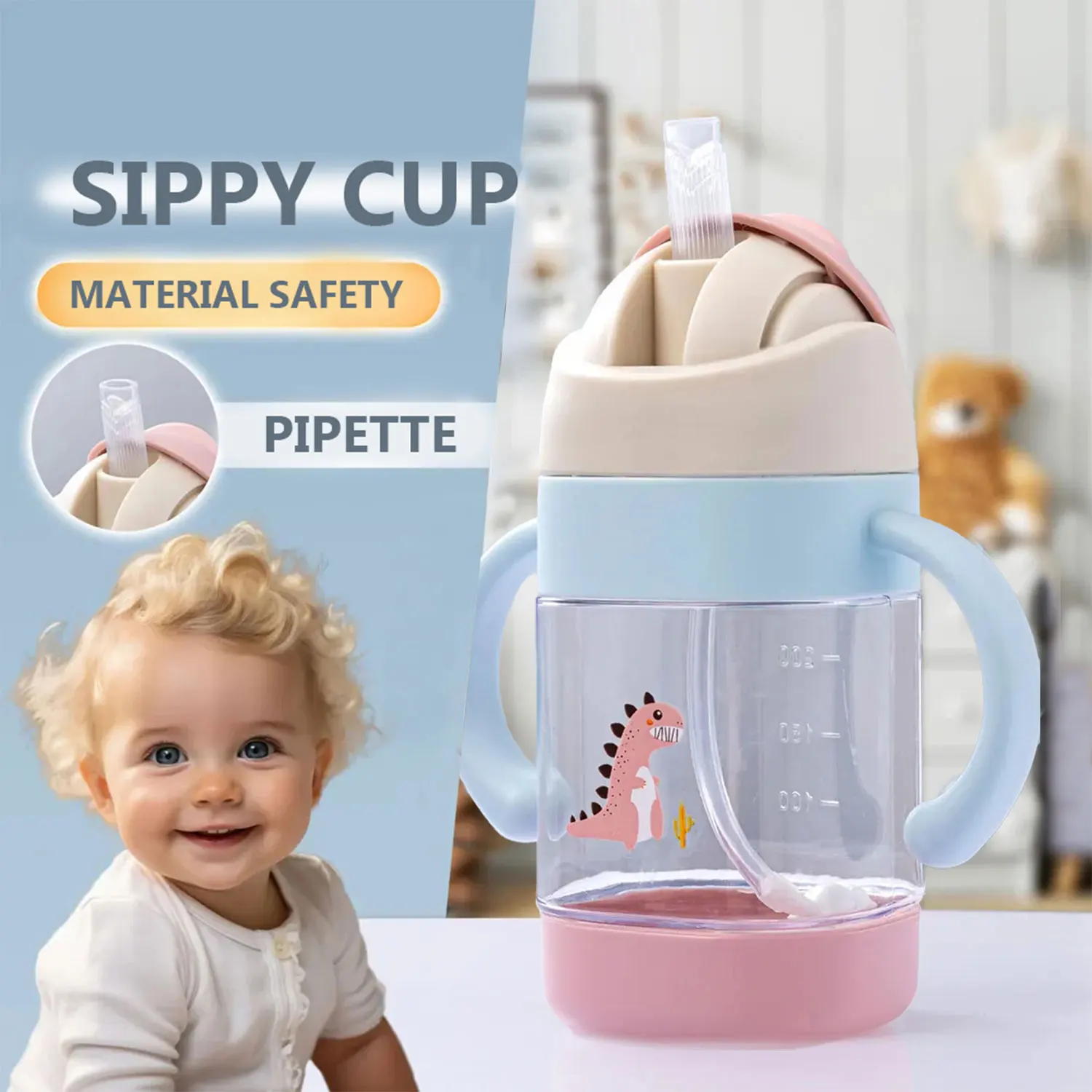 300ml Cartoon Dinosaur Straw Water Cup Children's Milk Bottle with Handle Birthday Gift