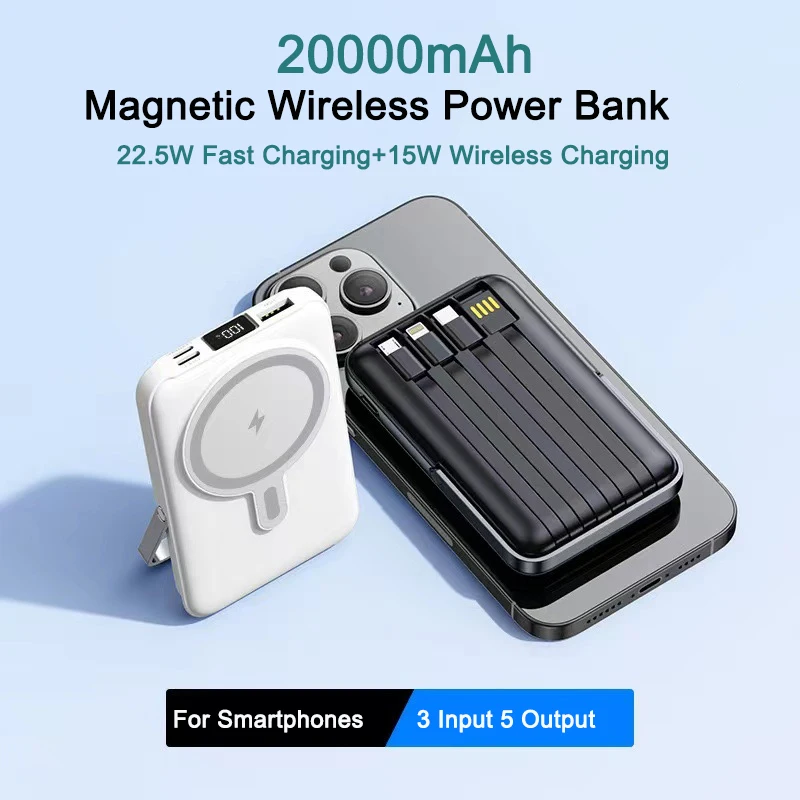 

Magnetic Power Bank 20000mAh Wireless Charging for iPhone 15 12 Huawei Samsung Xiaomi 14 22.5W Fast Charge Powerbank with Cable
