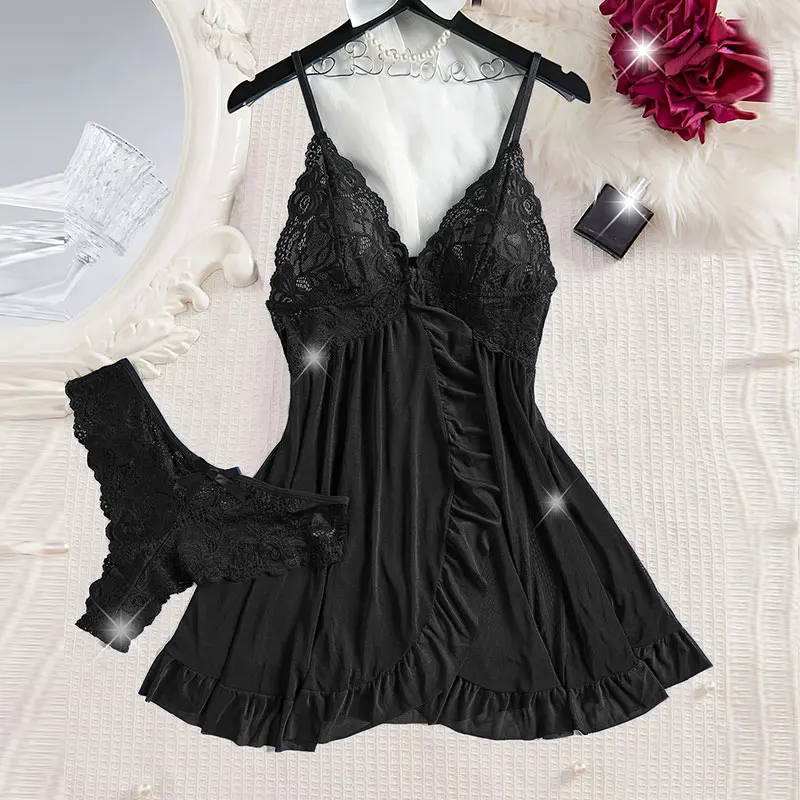 Summer Hot Sexy Sleepwear Dress Sleeveless Backless Women Lace Sheer Nightdress Solid Color Soft Pajamas Short V-neck Thong Set
