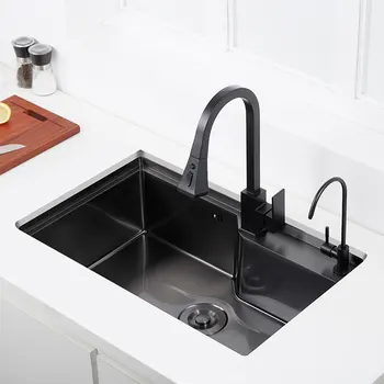 Black Bevelled Drain Single Bowl Kitchen Sink Set