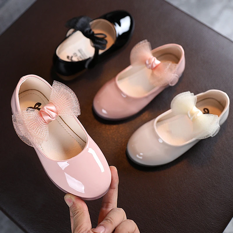 

1-6Y Kids Leather Shoes For Girls Flats Spring Bowtie Princess Mary Jane Single Shoes Baby Toddler Pink Sapato Infantil Menina