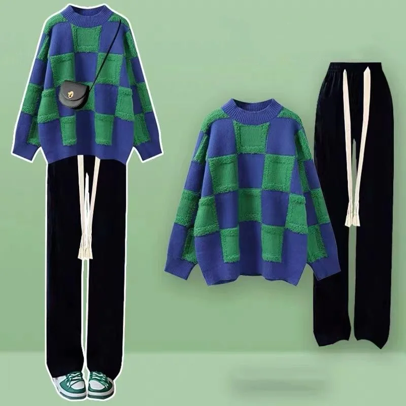 

Lazy Style Plaid Knitted Loose Sweater For Women's Autumn Winter New Fashion Drawstring Casual Wide Leg Pants Two-piece Set