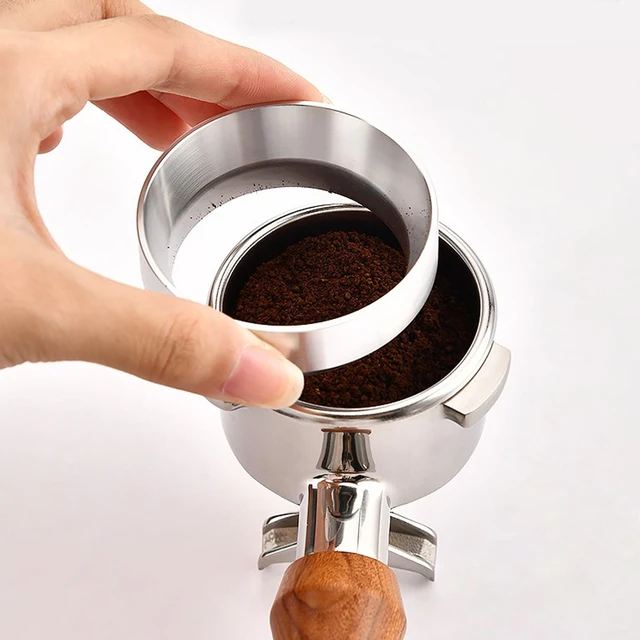 Easy-to-use magnetic aluminum dosing ring cup funnel for espresso machines.