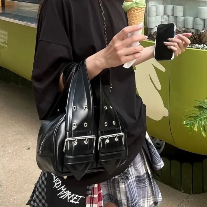 Hot Girl Black Leather Buckle Handbag Women Punk Leather Chic Shoulder Bags Ladies Y2k Aesthetic Cool Trendy Crossbody Bag 2025