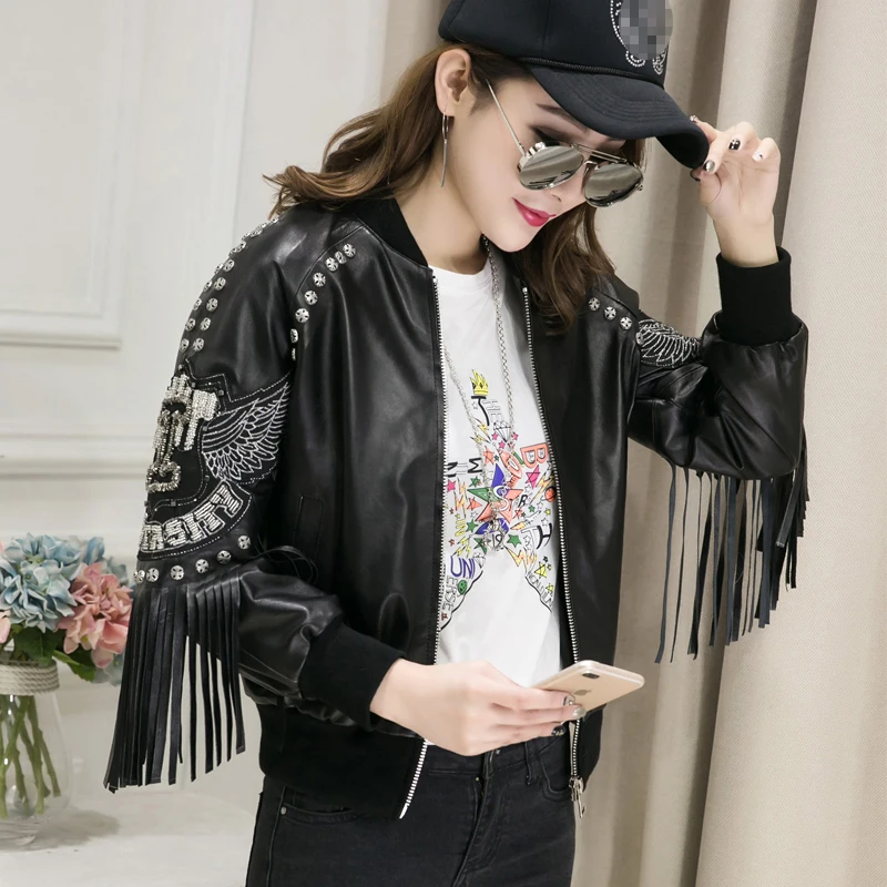 

2023 New Women's Rivet Locomotive Genuine Leather Jacket Black Women Stand Collar Short Real Sheepskin Tassels Wing Coat