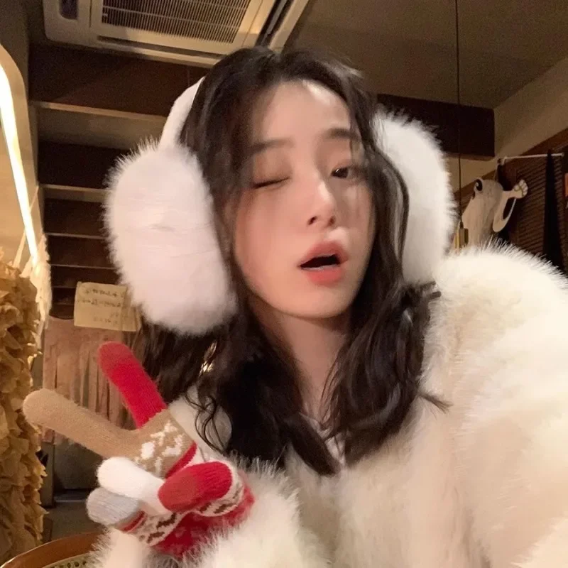 White Cute Plush Earmuffs Winter Women Outdoor Travel Keeping Warm Fashionable Cold Protection Earmuff