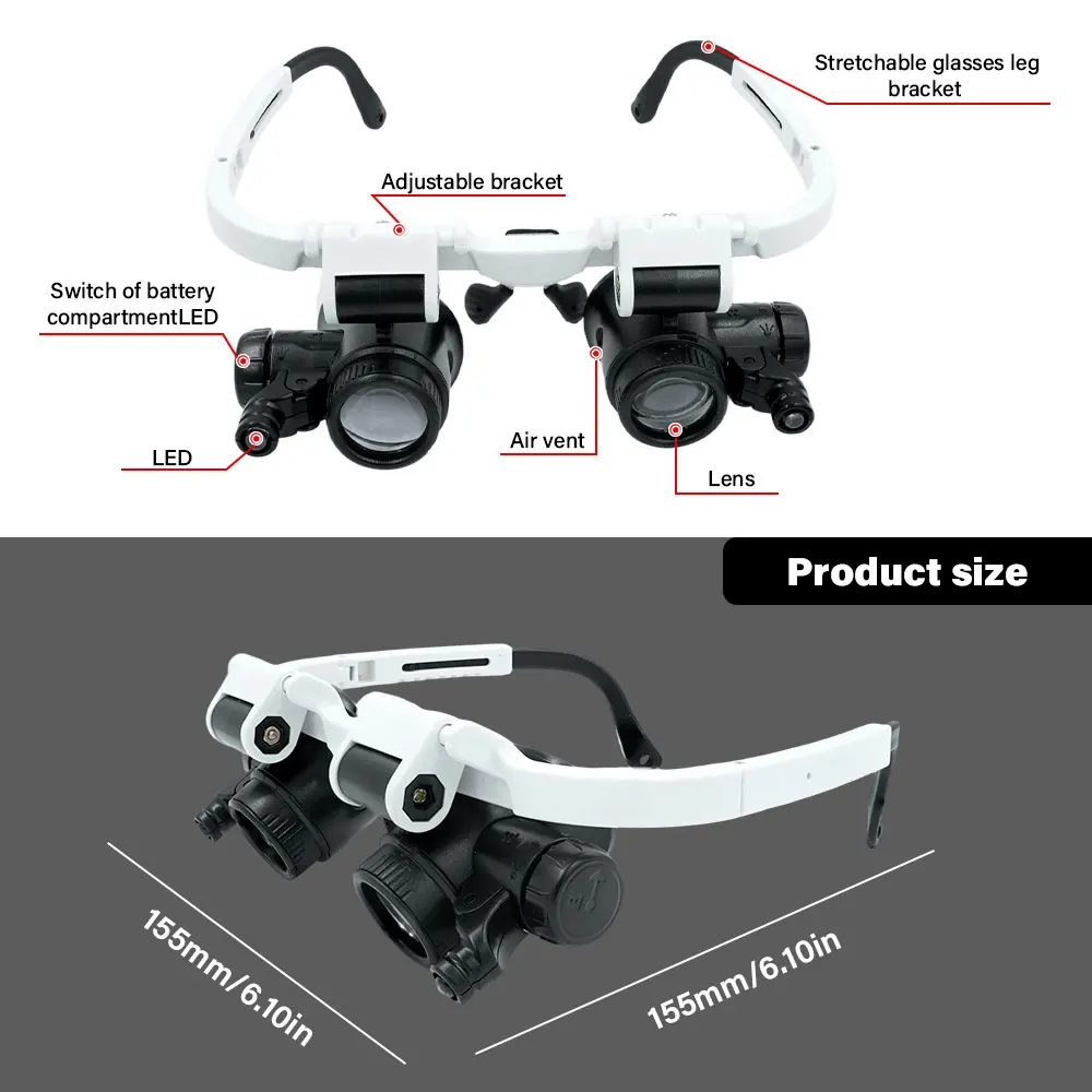 멀티 파워 23X 15X 8X 조정 가능한 헤드밴드 장착형 돋보기 안경 시계 보석상 수리용 LED 조명 2X 루페 렌즈