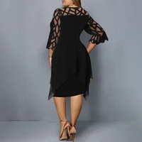 2025 Hollow Out Chiffon Midi Dress Women Spring Summer O Neck Irregular Black Dresses Elegant Office Lady Evening Party Robes - Image 3
