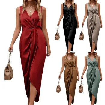 2026 Elegant Double-Sided Fashion Long Dress V-Neck Sleeveless Asymmetrical Slit Women's Spring Summer Dress