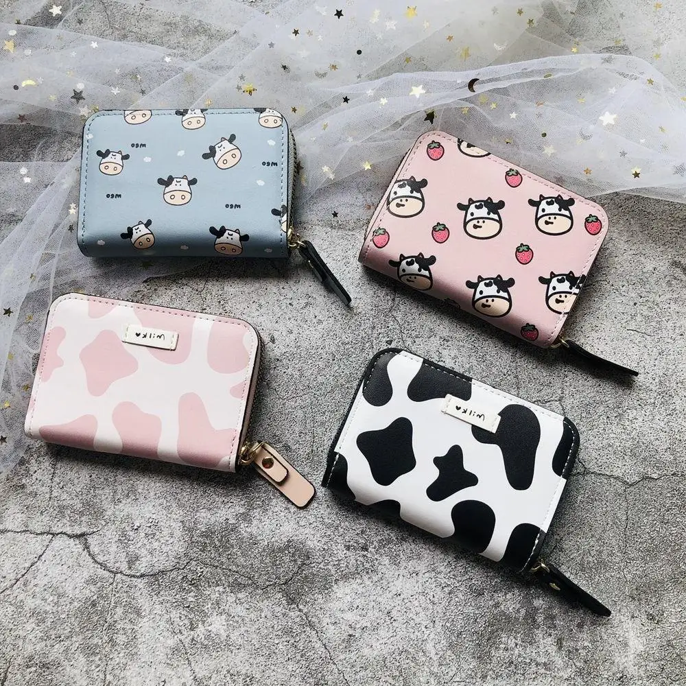 Cute Cow Pattern Coin Purse for Women Girls Card Wallet PU Leather Students Pocket Zipper Key Bag Cartoon Handbags Card Holder