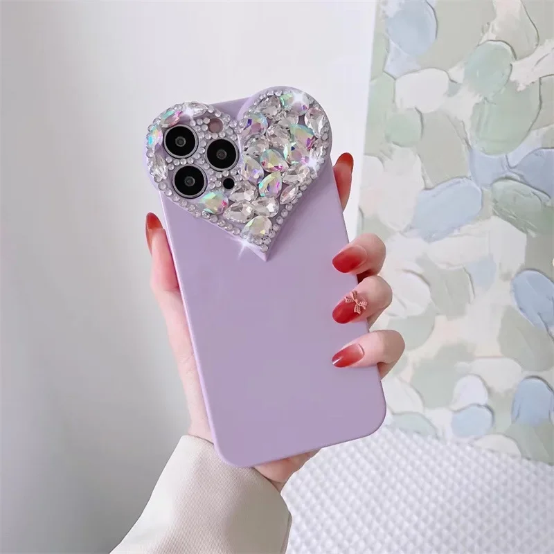 Phone Case Love Heart Rhinestone for iPhone 16 15 14 13 12 11 Pro Xs Max XR 8Plus SE2/SE3
