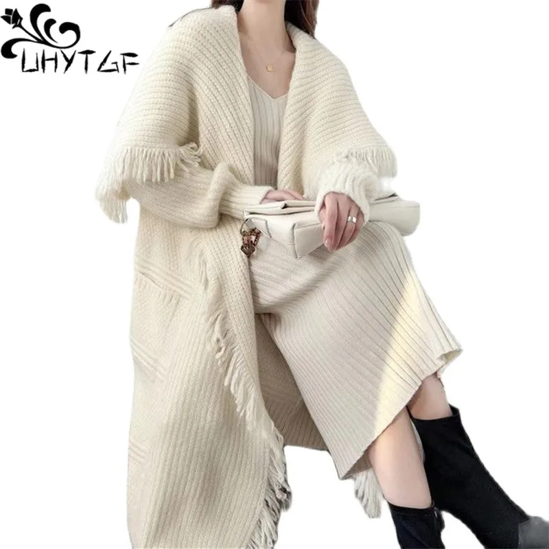 

UHYTGF Long Sleeves Sweater Cardigan Ladies New Fashion Tassel Knit Jacket Female Luxury Sheep Cashmere Autumn Sweater Women 419