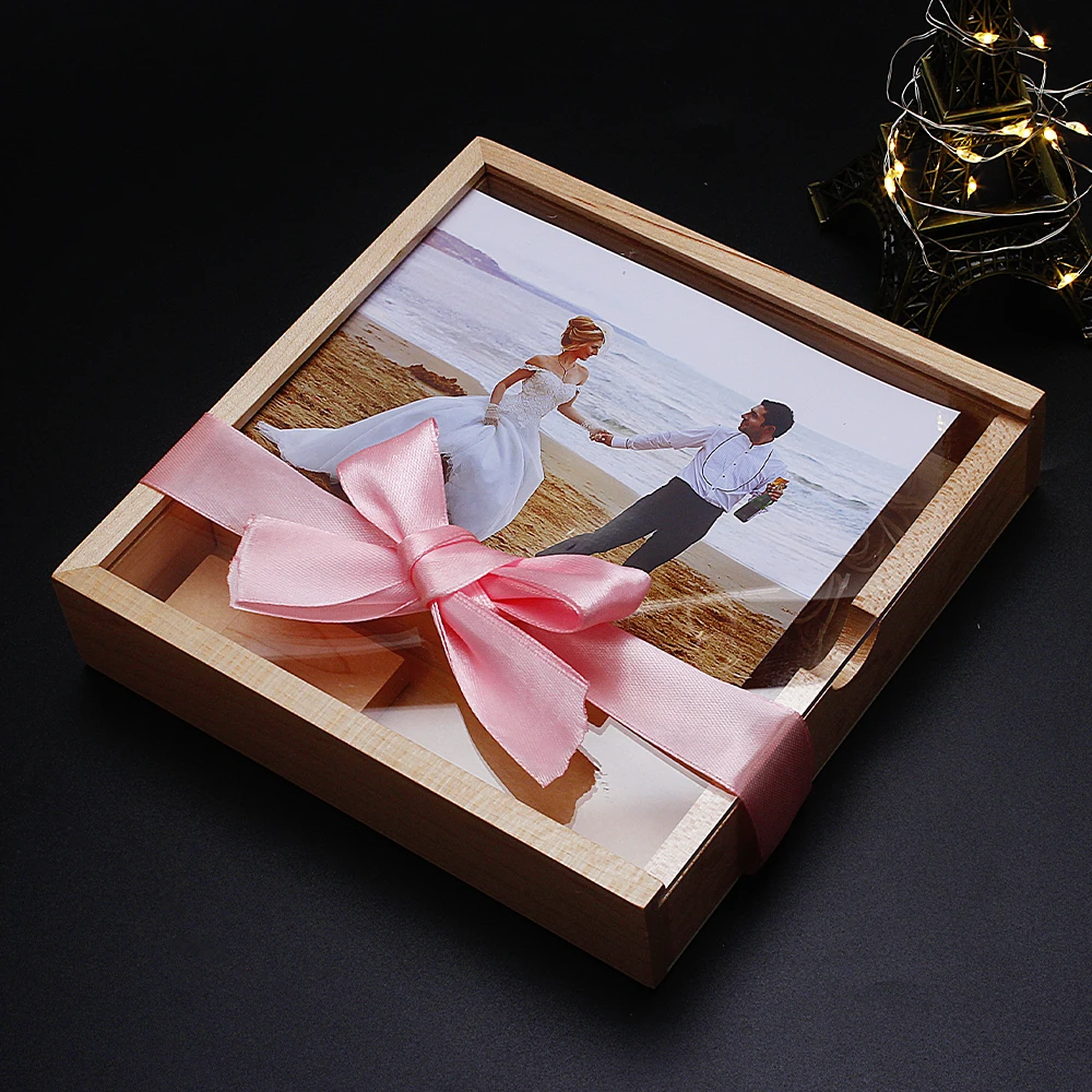 Wood Photo Gift Box USB 2.0 Flash Drives Free Logo Wedding Custom Pen Drive Real Capacity Memory Stick Photography U Disk 64G USB Flash Drive Flash Drive