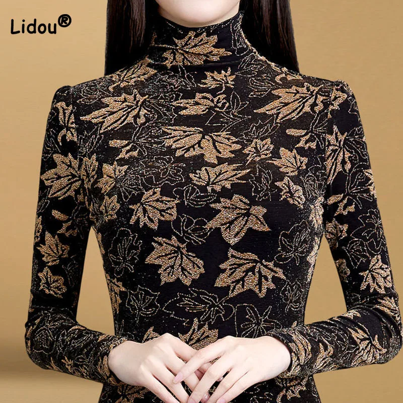 

Vintage Elegant Turtleneck Bright Silk T-shirt Autumn Winter Women's Clothing Korean All-match Gauze Long Sleeve Tops Female