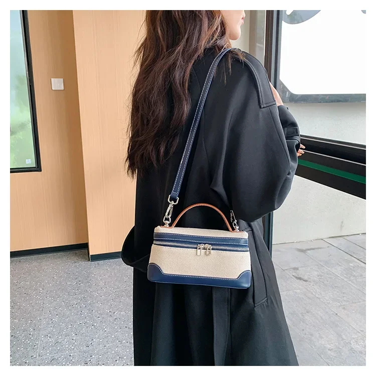 retro canvas handbag for women,women’s summer crossbody bag,contrast color casual handbag,small square canvas shoulder bag,casual women’s sling bag,retro fashion canvas purse,lightweight canvas handbag