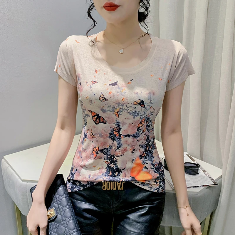 

2023 Summer European Clothes T-Shirt Chic Sexy O-Neck Printed Butterfly Design Women Short Sleeve Tops Pullover Basic Tees 32316