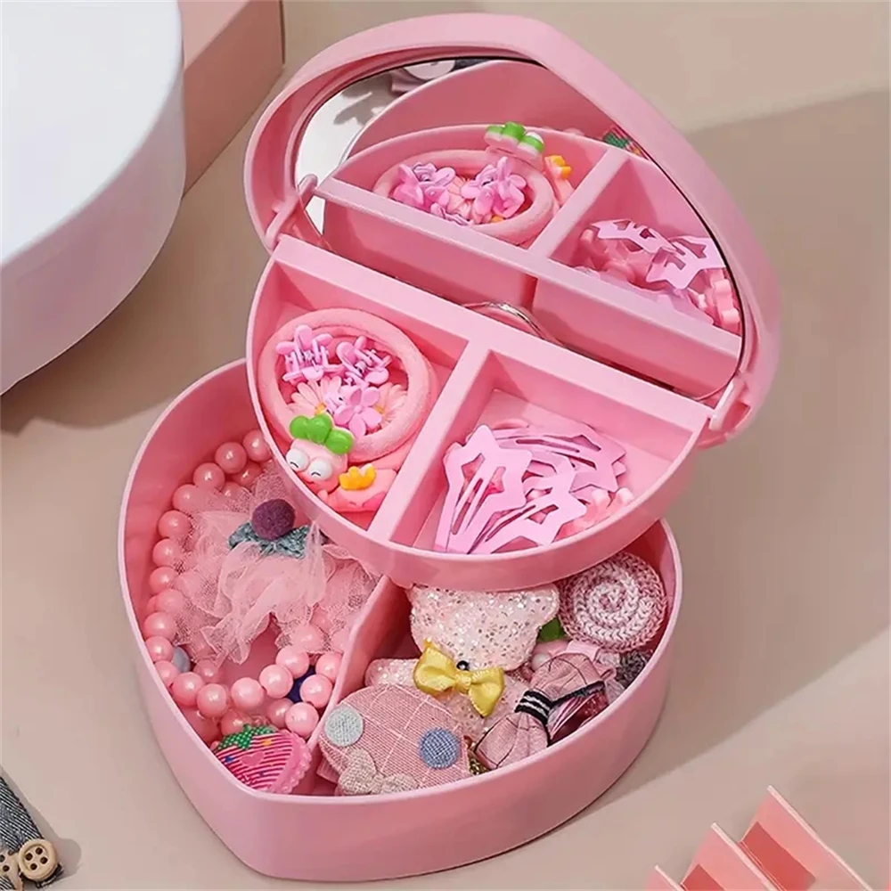 1pcs Heart-Shaped Jewelry Box Pink Girl Diy Gift Storage Box Desktop Double-Deck Mirror Make Up Organizer Box Heart-Shaped Jewel 5