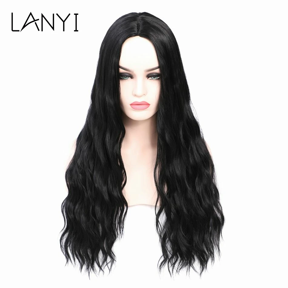 

LANYI 28"Synthetic Long Wavy Curly Black Wigs for Women Center Parting Heat Resistant Wigs For Lolita Cosplay Daily Party